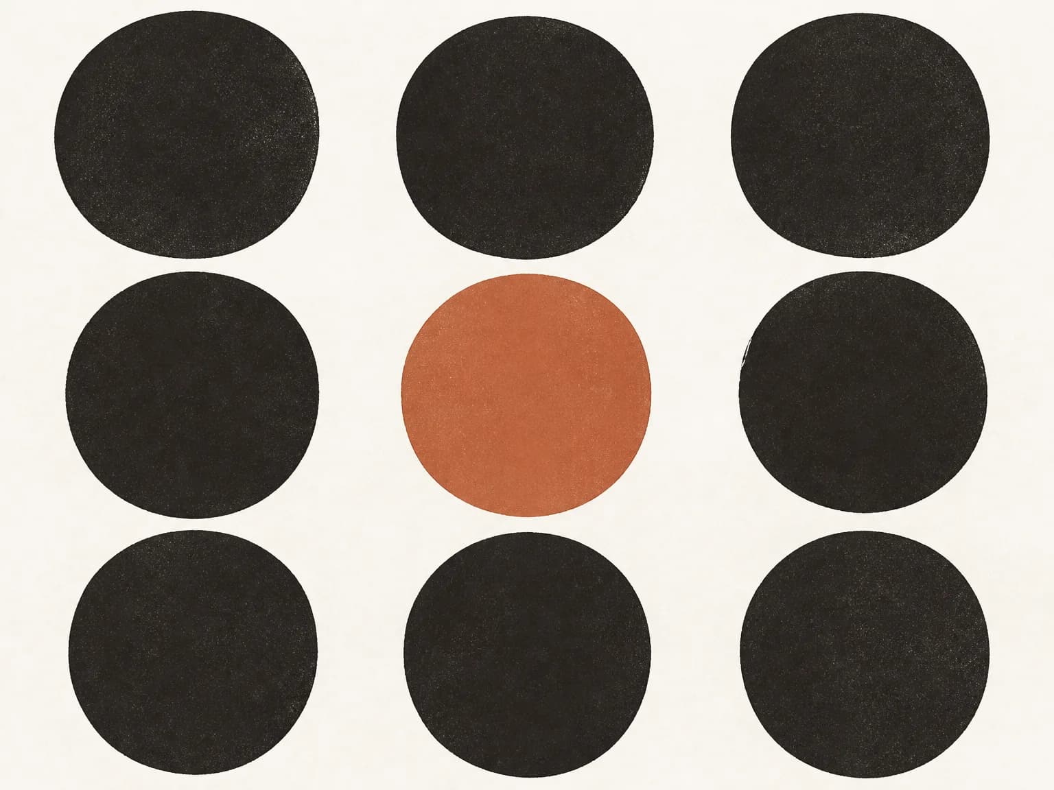 Nine circles on cream paper. Eight are ink, and the center circle is terracotta.