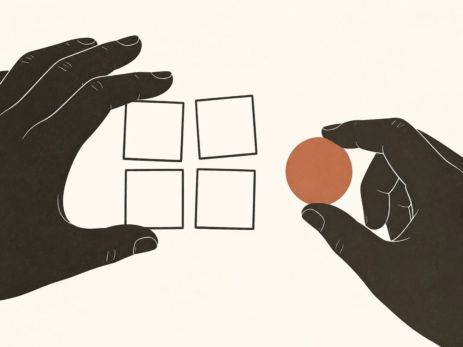 Two hands on cream paper. One arranges four blank squares. The other holds a terracotta circle.