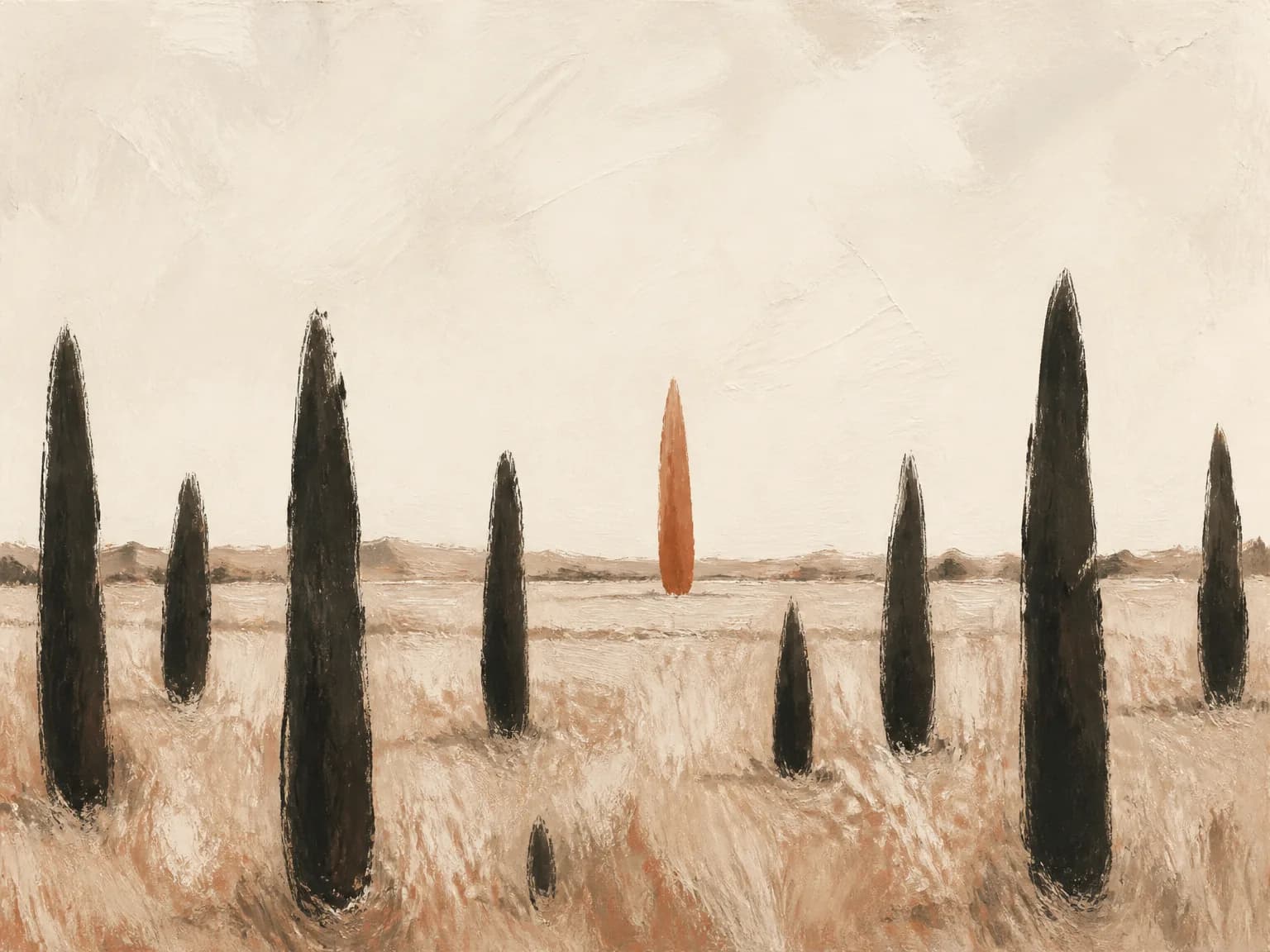 A quiet field of dark trees, with one terracotta tree farther off.