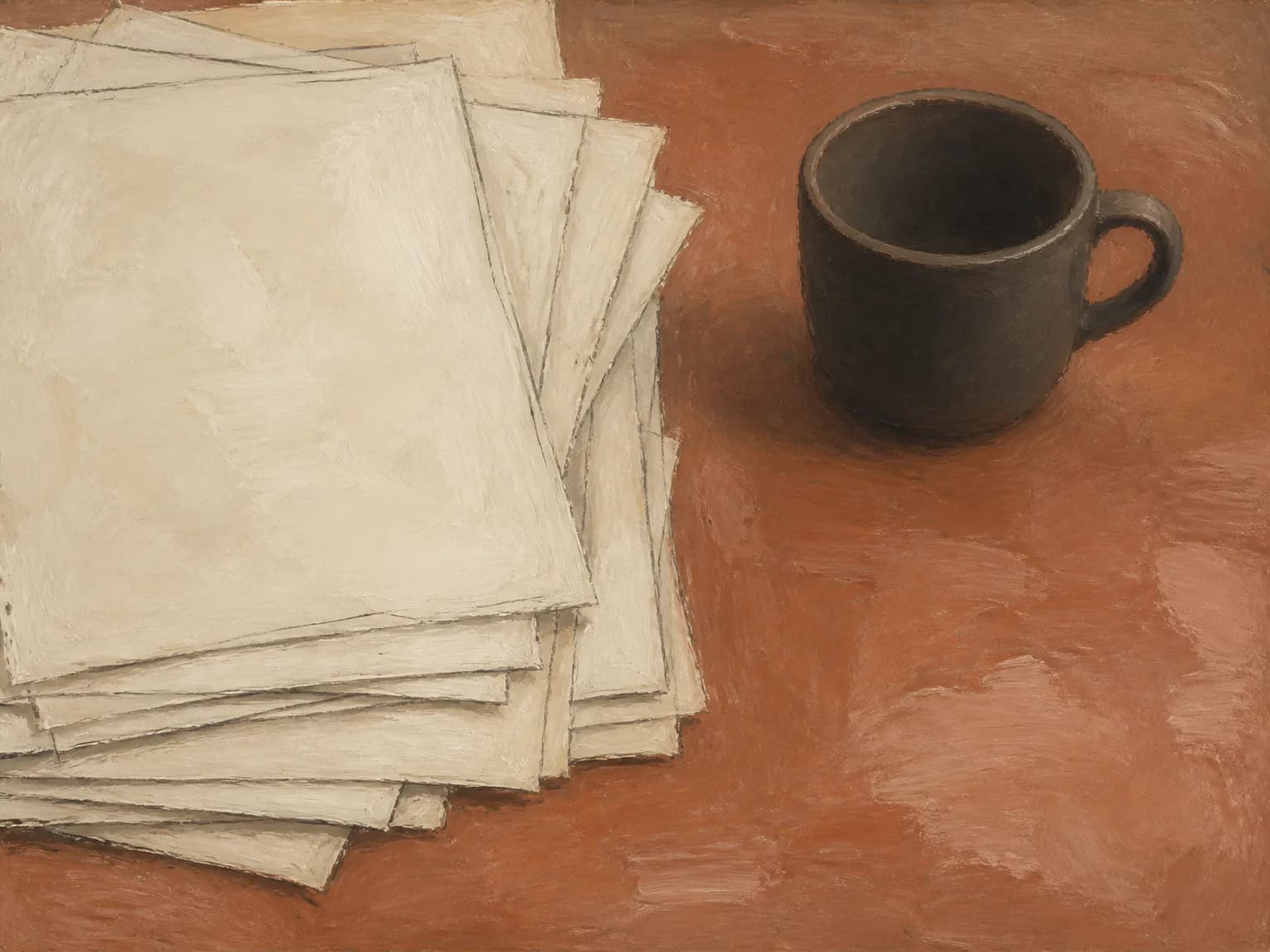 A stack of cream papers beside a dark cup on a terracotta table.